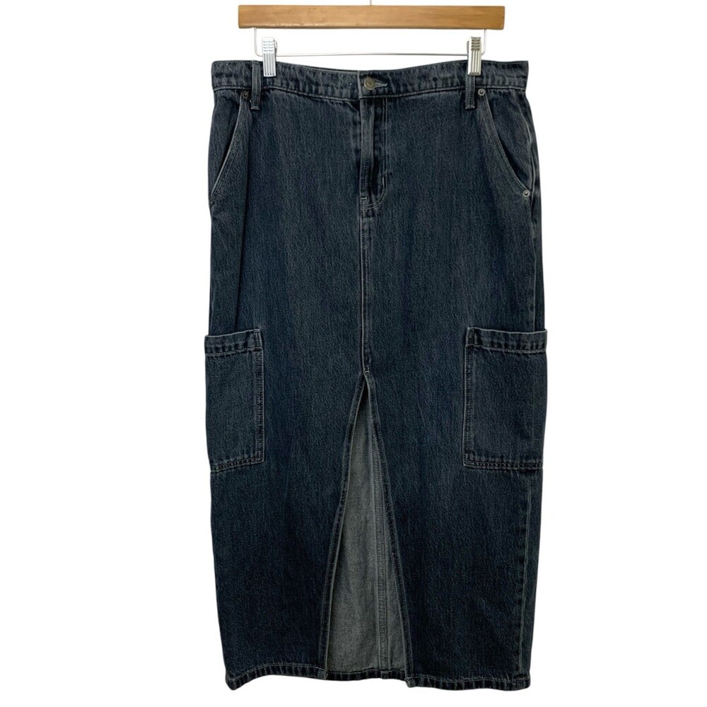 Old Navy Skirt Size 10 Mid Rise Denim Cargo Column Slit Drapey Anika Blue